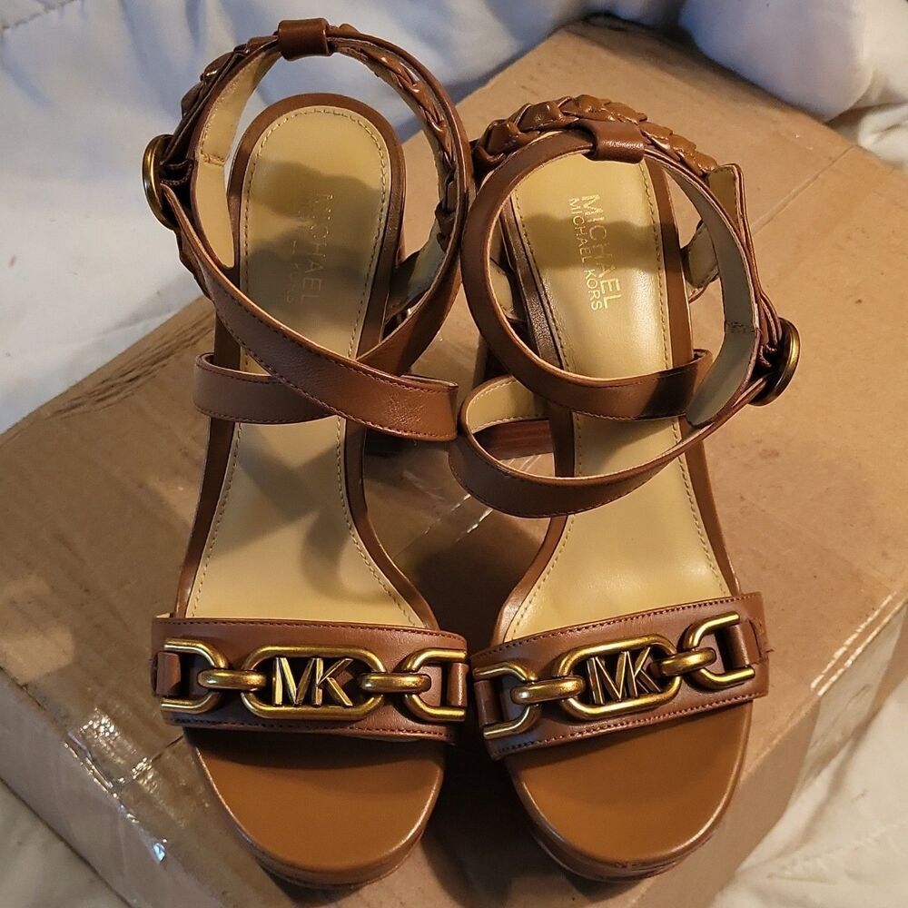 Michael Kors Brown/Gold Strappy Ankle Strap Buckle Block Heel Logo US 5.5